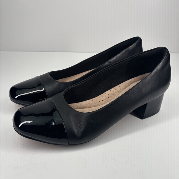 Clarks Marilyn Sara Women's 10W Black Leather Block Heel Wide Fit Comfort Pumps - Picture 1 of 16